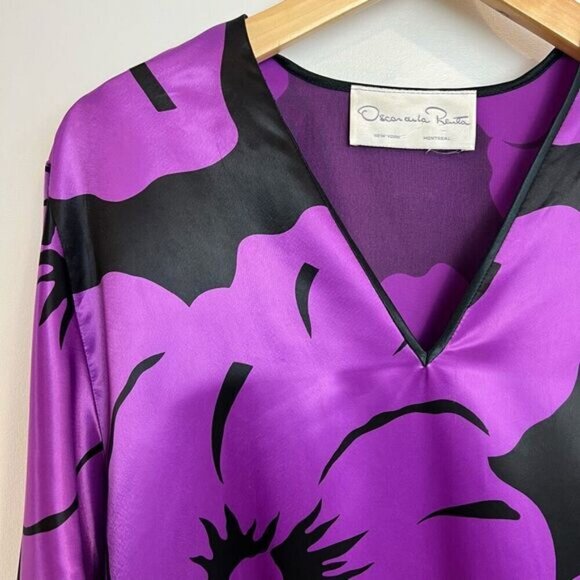 VTG Oscar De La Renta Purple Swirl Black Waist Kaftan Long Sleeve Top Medium - Picture 4 of 10